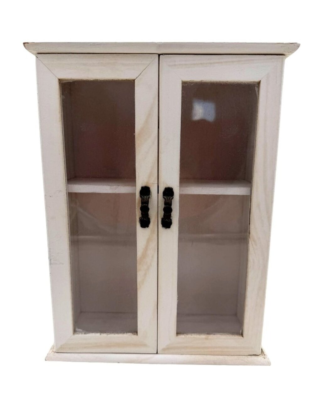 White Wooden Display Cabinet Glass Doors Vintage-Style Handles 11" x 8" x 4"